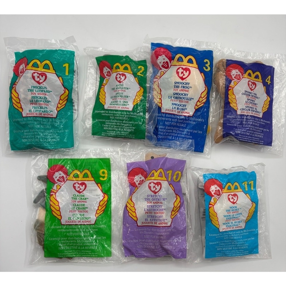 1999 TY Teenie Beanie Baby Lot of 7 McDonald's Happy Meal #1,2,3,4,9,10,&11 New